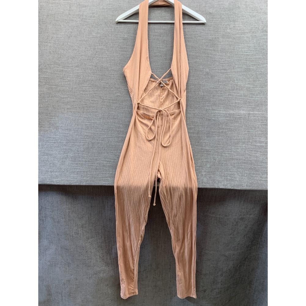 Haute Monde Jumpsuit Womens Small Peach Ribbed Cut Out Halter Neck Lace Up Front